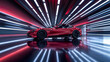 A vibrant red sports car its sleek exterior reflecting the artificial light, creating a dynamic and thrilling visual experience