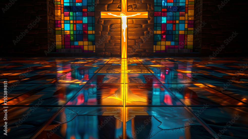 Sacred Light and Reflection: A glowing cross stands illuminated by ...