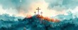 This image depicts a serene scene with two crosses on a hill, interpreted in vibrant watercolor strokes against a cloudy sky