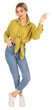 © Designerant - Woman pointing copy space, full length body front view young blonde caucasian woman pointing copy space. Wear causal clothes jean and shirt. Recommending, offering great campaign. Isolated transparent