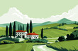 Italian summer fields landscape. Cartoon countryside panorama with Tuscany hills and village houses, rural valley with trees and mountains. Vector illustration