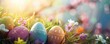 Vibrant Easter eggs nestled in spring foliage