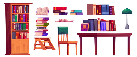 Public library books, furniture and equipment cartoon vector illustration set. Literature on shelves in bookcase, in stacks and open, wooden table and chair, lamp for school study or reading concept.