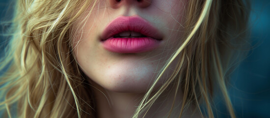 Canvas Print - Sexual full lips. Natural gloss of lips and woman's skin. Pink lip gloss