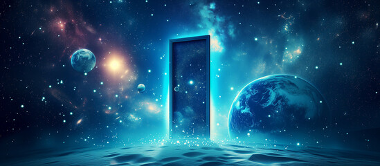 Glowing doorway portal in space on a stone planet. A door to other worlds.