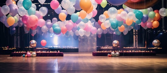 A large room is filled with numerous multicoloured helium balloons, creating a festive and celebratory atmosphere. The balloons are decorating the interior of a restaurant venue banquet hall for an