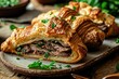 Sandwich croissant with appetizing meat filling on the table at a barbecue restaurant. Rustic baked goods in a homemade style.