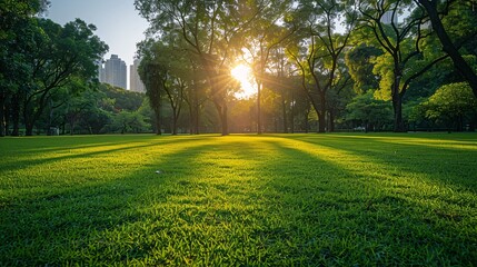 Wall Mural - Gorgeous sunrise at public garden with verdant lawn and lush foliage at Park