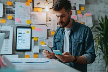 Innovative man designing web app for mobile device in contemporary work setting.
