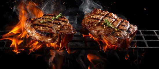 Wall Mural - Two beef steaks sizzle on a hot grill, flames licking the meat as they cook to perfection. The grill grid is isolated against a black background.