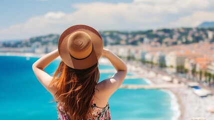 Wall Mural - French Mediterranean Coast. Rear view of stunning young lady holding hat admiring the urban scenery of Nice, France.