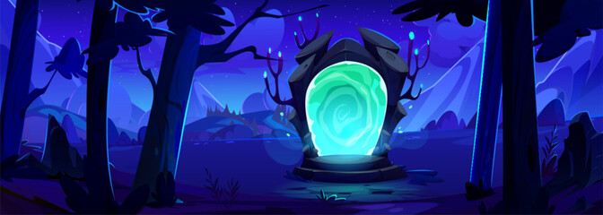 Wall Mural - door with stone arch sills and magic green vortex neon glow portal in forest near mountains at night