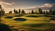 Golf course in the evening. Beautiful landscape with a golf ball on the green