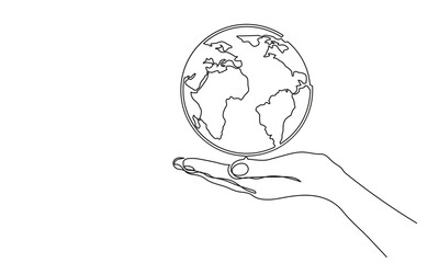 Wall Mural - Continuous line drawing of hand-holding earth. single-line palm hand holding earth globe. globe world map vector illustration. human hand holding world planet Earth.