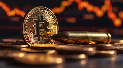 Poster - Bitcoin coin with a bullet pen on a volatile market graph, symbolizing financial risks and investments