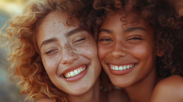 Two young women with freckles smiling. Close-up portrait photography.
