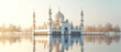 Tranquil dawn at a majestic white mosque reflected on a serene water surface, symbolizing peace and spirituality