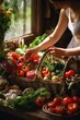 A woman standing in front of a table filled with various vegetables. Suitable for healthy eating concept
