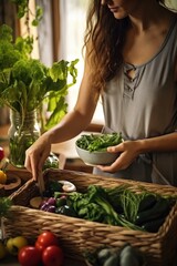 A woman holding a bowl of fresh vegetables, perfect for healthy eating concepts