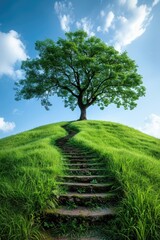 Wall Mural - A stone path meanders up a lush hill to an isolated tree against a blue sky.