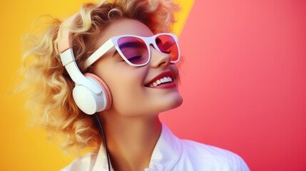 Poster - Happy woman wearing headphones and sunglasses, perfect for lifestyle or music-related projects