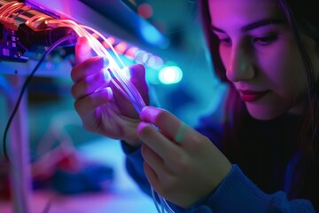 Girls in ICT, the concept of equality in the field of communications. The girl works in a server room with a fiber optic cable