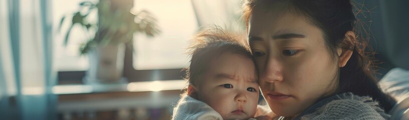 Poster - A woman holding a baby in her arms while laying on a bed. Generative AI.