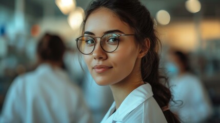 Wall Mural - A woman in a lab coat and glasses. Generative AI.