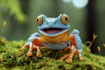 Wall Mural - Gliding frog look like laughing on moss, Flying frog laughing, animal closeup.
