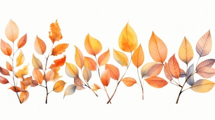 Colorful watercolor leaves arranged in a row on a white background. Suitable for nature and botanical themes