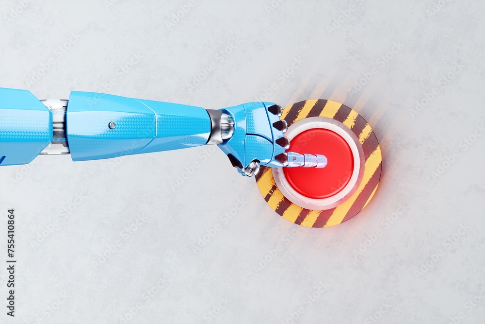A robot's hand presses a red button, close-up, light background ...