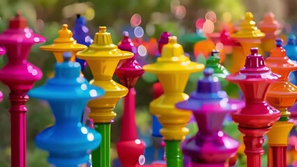 An array of colorful sprinkler heads each one representing a different water flow and coverage radius for different parts of the garden.