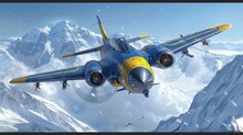 Blue And Yellow Fighter Jet Flying Over Mountain Range