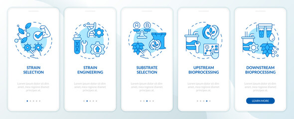 Precision fermentation steps blue onboarding mobile app screen. Walkthrough 5 steps editable graphic instructions with linear concepts. UI, UX, GUI template. Myriad Pro-Bold, Regular fonts used