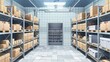 Modern realistic interior of a cold room in a warehouse with cardboard boxes on racks. Commercial refrigeration chamber in a restaurant, factory or store.