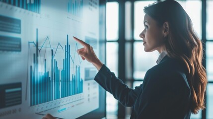 business woman executive manager holding presentation of growth concept idea in front of shareholders in meeting office of a company. showing finger on white board.