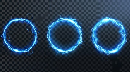 Modern realistic set of blue round sparking discharge isolated on transparent background with blue circles in front and angle views.