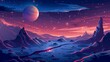 Background with landscape of alien planet with craters and lighted cracks. Modern cartoon fantasy illustration of blue galaxy sky with gas giant and moon and ground surface with rocks.