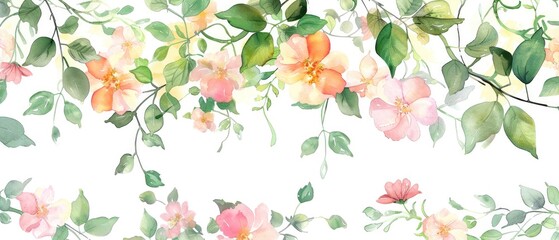 Wall Mural - Whimsical Watercolor. Vines and Flowers Painted with Delicate Brushstrokes, Evoking a Sense of Natural Beauty and Serenity.