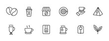 Coffee Set Icon. Coffee Beans, Glass And Cup Of Coffee, Coffee Shop, Serve, Tea Bag, Hot Drink, Menu, Mug, Foliage, Mulled Wine. Bistro, Cafe Concept. Vector Line Icon On White Background.