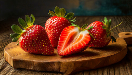 Wall Mural - Closeup of a group of red strawberries on a wooden cutting board, on a wooden table against a dark background. Generative Ai.