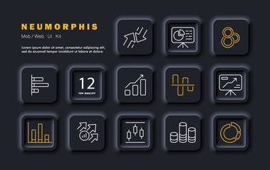 Charts, infographics set icon. Investments, stock exchange, information provision, diagrams, decline, growth of profits, search for statistics, sections. Neomorphism style. Vector line icon