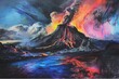 Ultra-calistic drawing: volcanic eruption, bold energy, volumetric light, iridescent rainbow colors and color reflections, the drawing captures the essence of the moment, chiaroscuro, high detail.