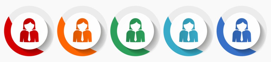 Poster - Woman, businesswoman, female, person, human vector icon set, flat icons for logo design, webdesign and mobile applications, colorful round buttons