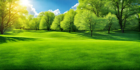 Wall Mural - fresh springtime lawn under sunny sky