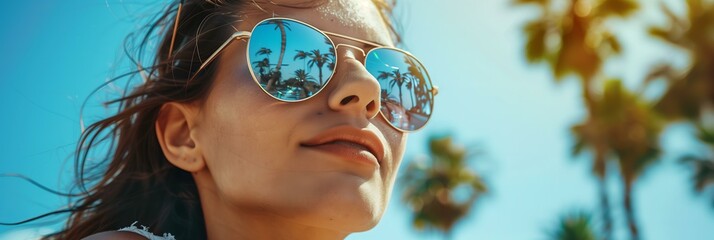 beautiful woman close up portrait with palms reflections in sunglasses, summer or spring break vibes