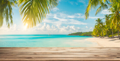 Wall Mural - Empty Wooden Table with Sunny Sea