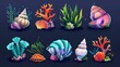 A colourful tropical marine shell with algae and coral to illustrate a game level rank. Cartoon modern illustration set of underwater spiral clam conches with plants.