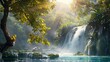 Majestic waterfall cascading into a serene river amidst lush forest illuminated by sunlight rays. 
