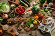 An abundance of fresh vegetables and healthy ingredients laid out on a wooden table, ready for meal preparation. 